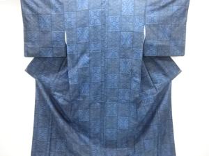 格子に抽象花模様織り出し手織り紬着物アンサンブル